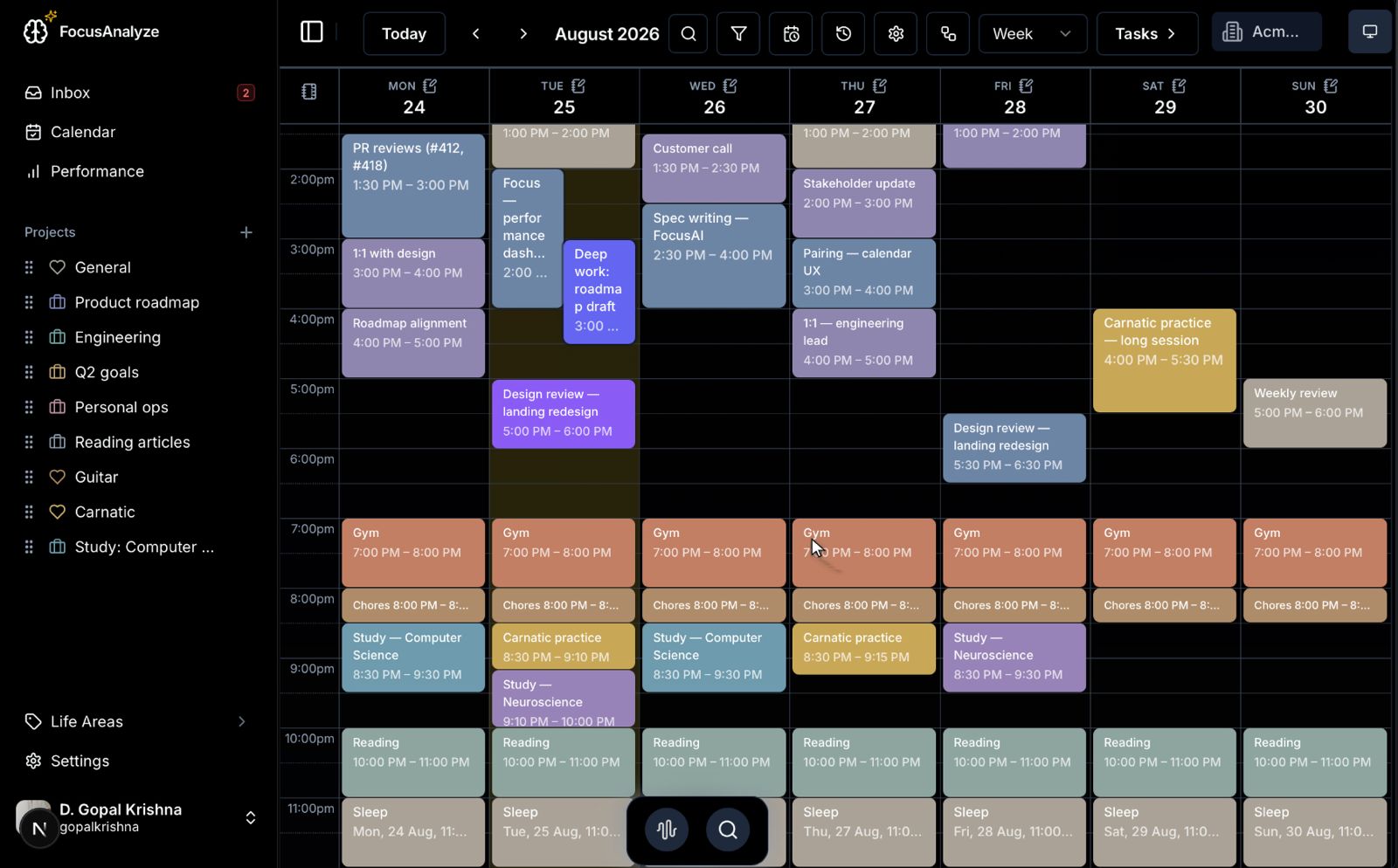 FocusAnalyze calendar — a week of focus blocks, meetings and habits in one view